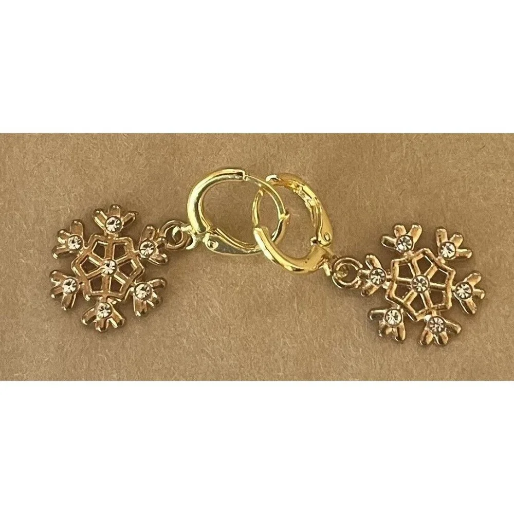 Snowflake Dangle Earrings Gold Tone Rhinestone‎ Holiday Winter Christmas
